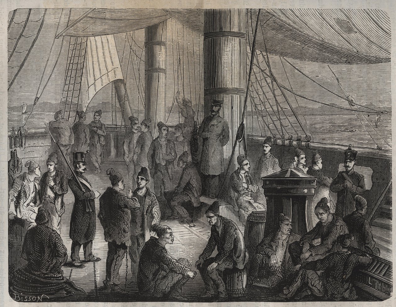 Eerste konvooi van krachten van Toulon naar Cayenne (Guyana) onder het decreet van 8 december 1851. Gravure in Histoire des bagnes depuis leur création à nos jours (1877) door Pierre Zaccone. Privécollectie. door Anonymous Anonymous