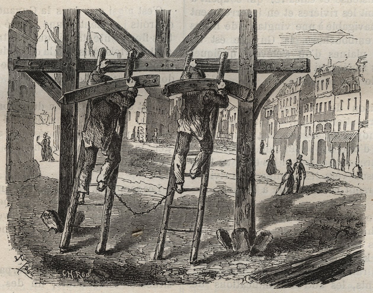 Forcats timmerlieden bij de Toulon Bagne in de 19e eeuw. Gravure in 
