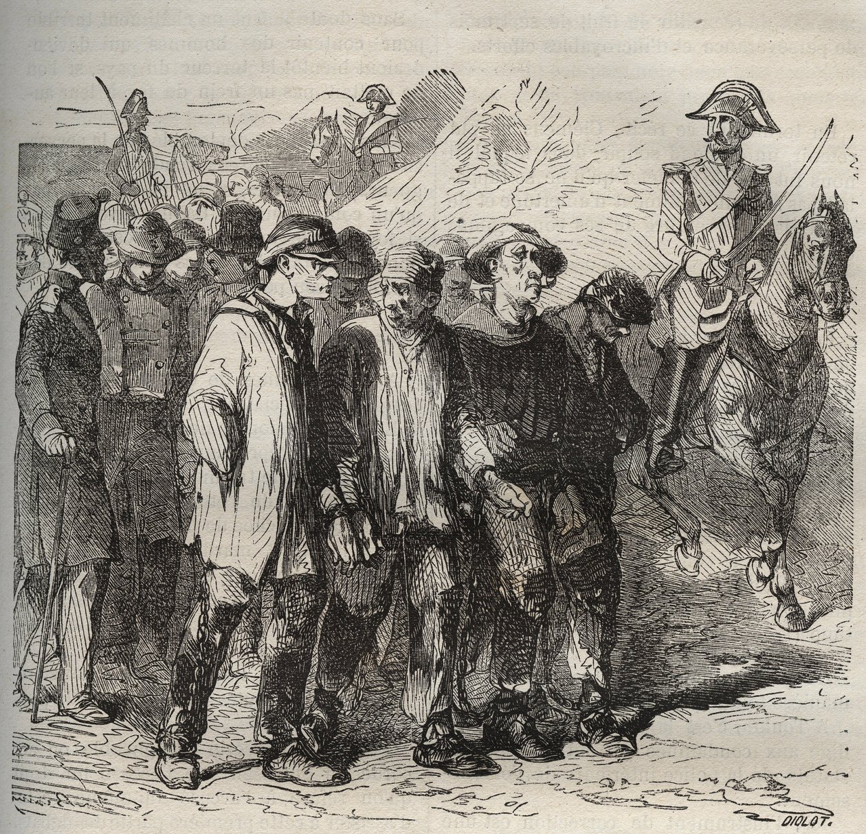 Gevangenen in mars bij de bagne van Rochefort in de 19e eeuw. Gravure in 