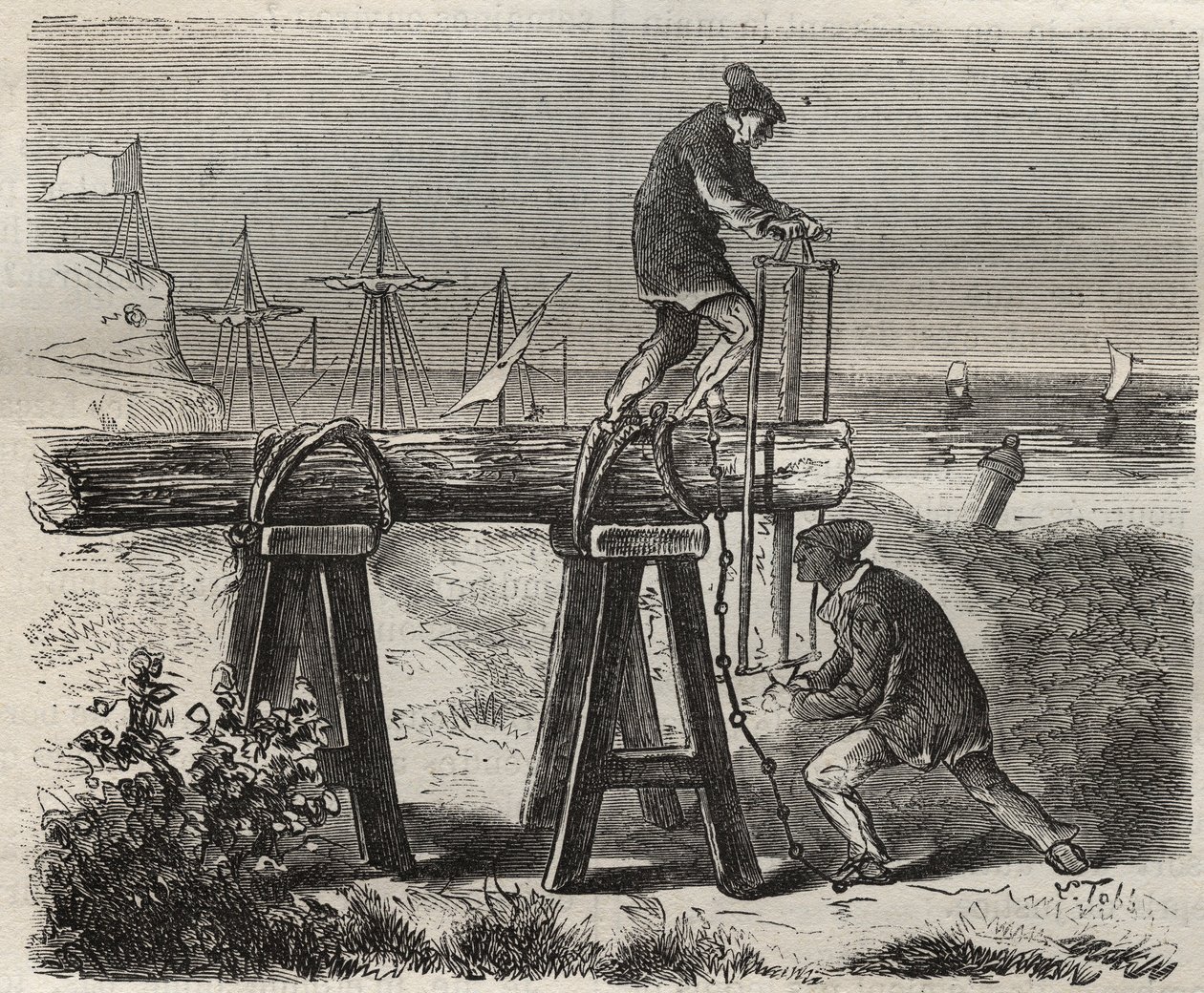 Forcats zaagwerkers van het Saint-Laurent-penitentiair in Cayenne (Frans-Guyana) in de 19e eeuw. Gravure in 