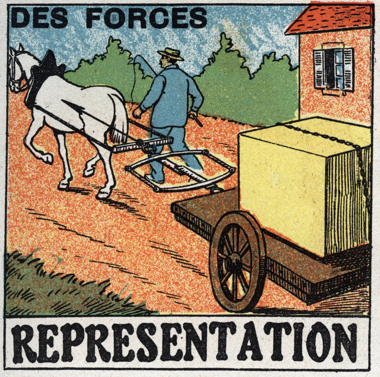 Krachten: een paard trekt een wagen. Anonieme illustratie uit 1925. Privécollectie. door Anonymous Anonymous