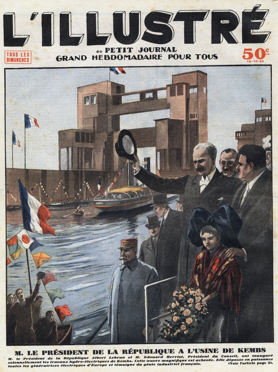 Franse industrie: Albert Lebrun (1871-1950), president van de Republiek, en Edouard Herriot (1872-1957), president van de raad, openden de waterkrachtcentrale van Kembs in de Haut-Rhin. Gravure in 
