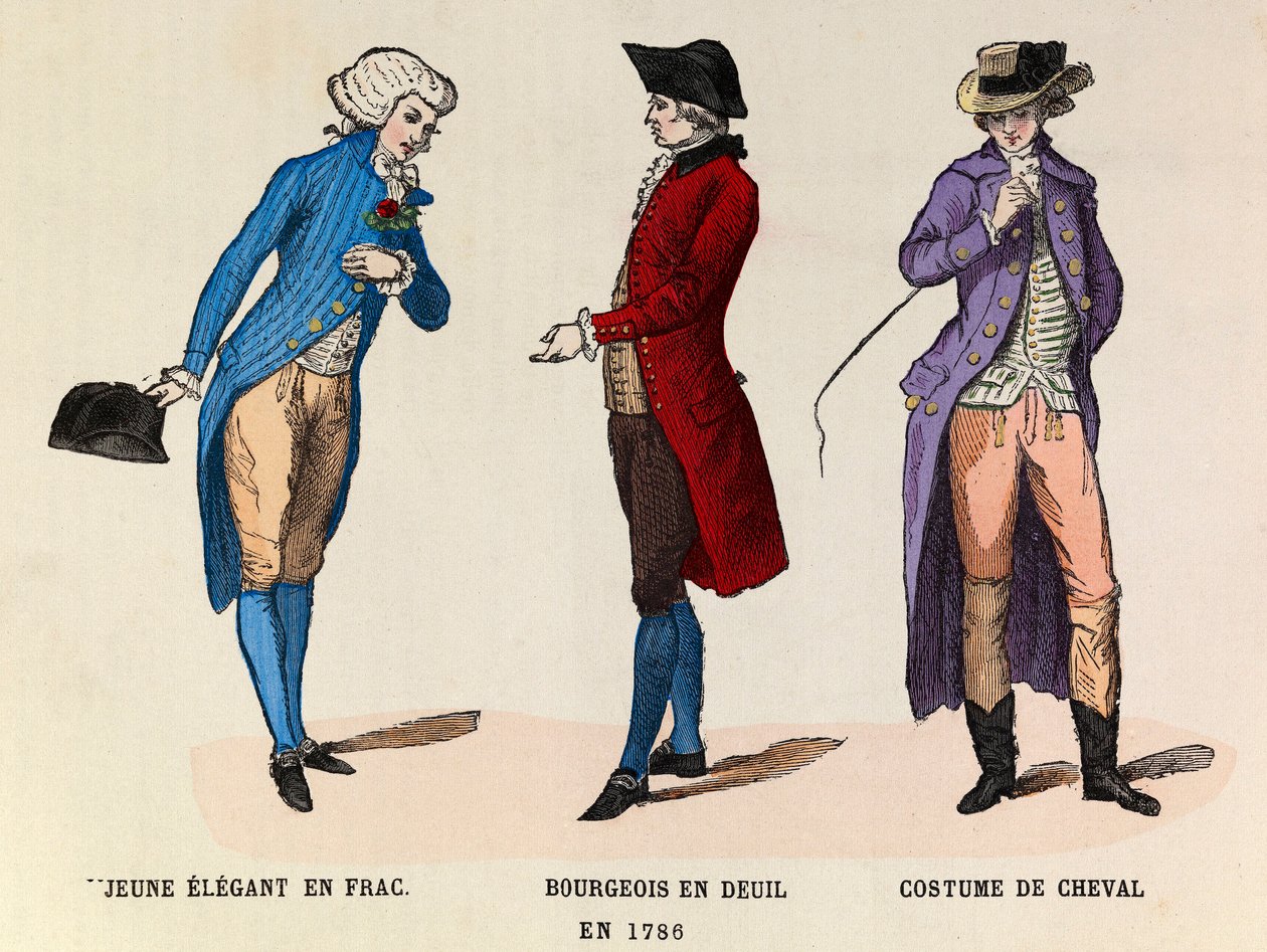 Van links naar rechts: Een jonge elegante in frac; Een bourgeois in rouw en een paardensuit in 1786 door Anonymous Anonymous