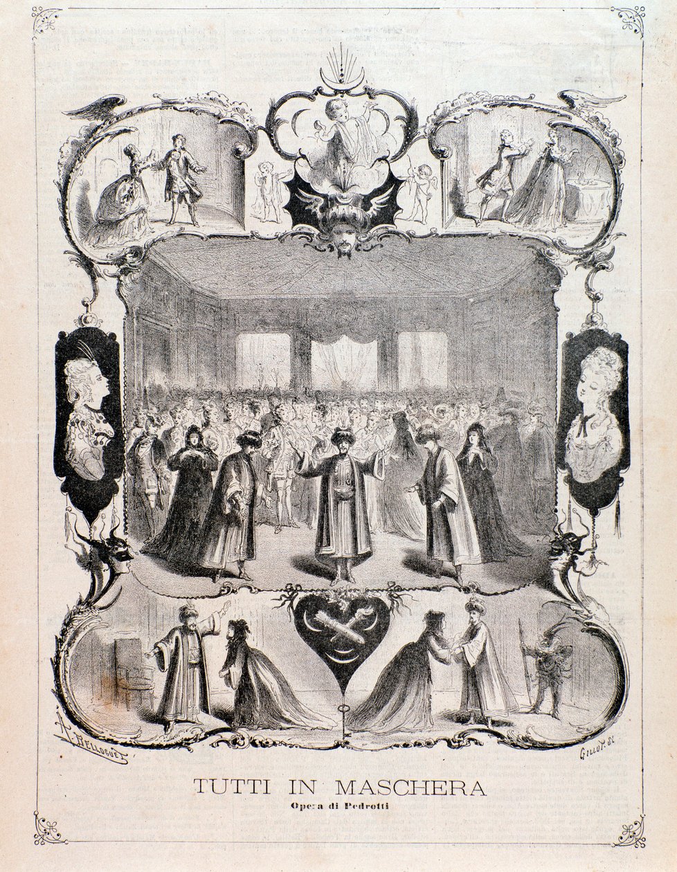 Frontispice van muzikale partituur van Tutti in maschera, opera van Carlo Pedrotti door Anonymous Anonymous