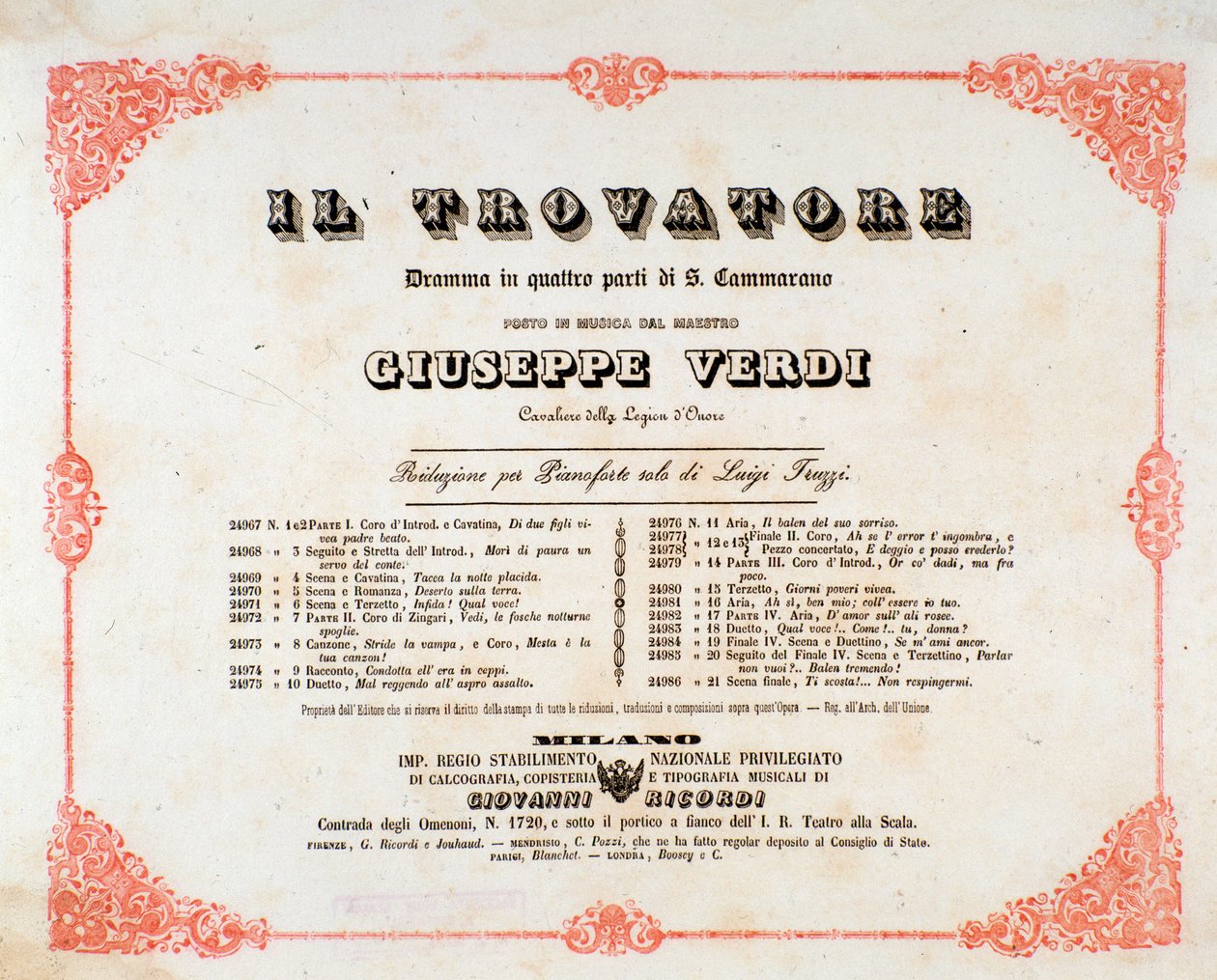 Frontispice van Il trovatore (De troubadour), opera van Giuseppe Verdi door Anonymous Anonymous