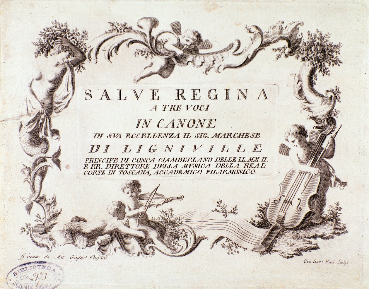 Frontispice van een muziekpartituur van Salve regina hymne voor drie stemmen door markies van Ligneville (1768) door Anonymous Anonymous