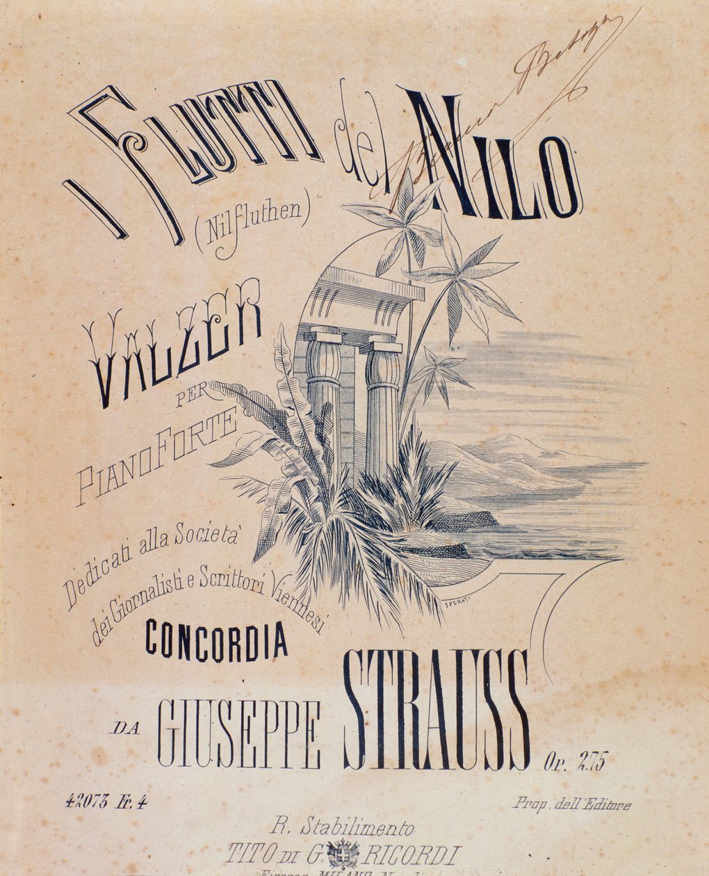 Frontispice van muzikale partituren van Nile Waters Waltzes voor piano door Josef Strauss door Anonymous Anonymous