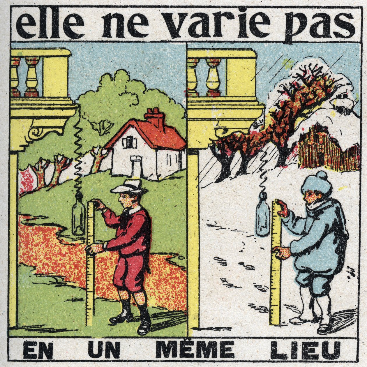 Korreligheid: het varieert niet op één plaats. Een kind meet zwaartekracht met een veer op dezelfde plaats in zomer en winter. Anonieme illustratie uit 1925. Privécollectie. door Anonymous Anonymous