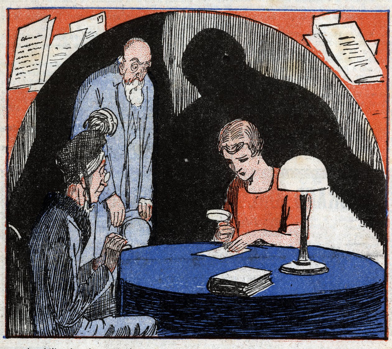 Grafologie: een grafoloog, geraadpleegd door een ouder echtpaar, leest met een vergrootglas het handschrift van een individu om psychologische kenmerken af te leiden. Gravure in 