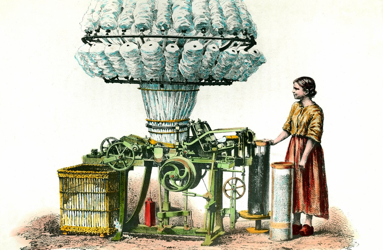 Habner kam gebruikt om wol te spinnen. 19e eeuw gravure privécollectie. door Anonymous Anonymous