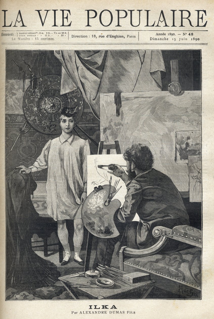 In een atelier poseert een jong model in een hemd en sok met een kleine verenhoed voor een schilder, die aan zijn ezel zit, zijn palet en penselen vasthoudt en zich toelegt op zijn schets. Illustratie door Alfons Maria Mucha (Alphonse Marie Mucha) door Anonymous Anonymous