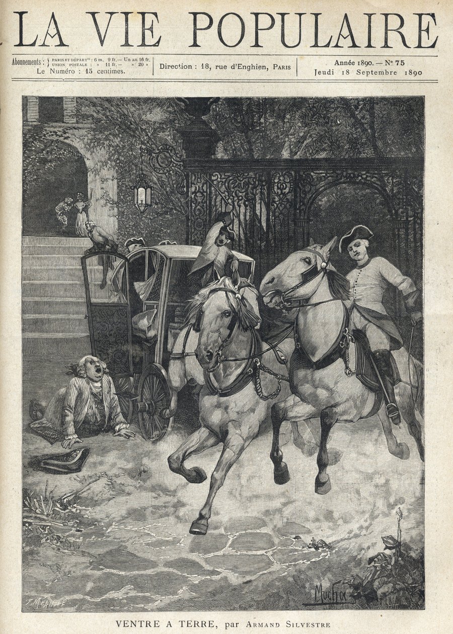 Voor de trap van een klein kasteel arriveert een jonge ruiter in de binnenplaats, spant zijn paard en jaagt de paarden van de koets die bij de poort geparkeerd staan, een grote man met een pruik ligt op de grond na een val door Anonymous Anonymous