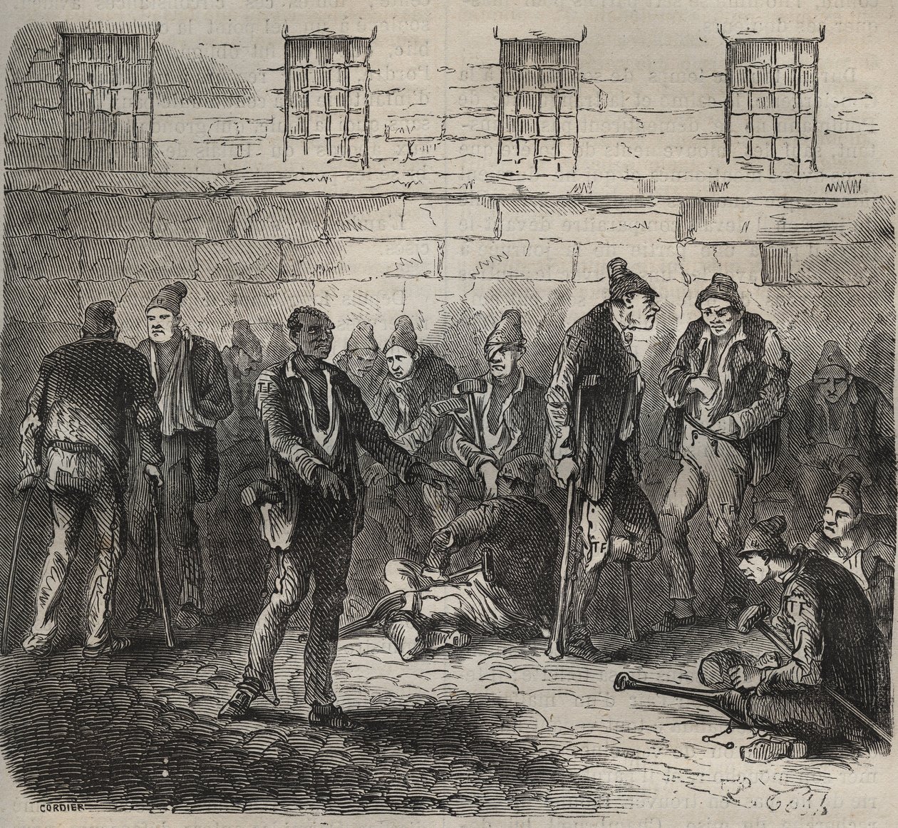 Invalide krachten in de Toulon Bagne in de 19e eeuw. Gravure in Histoire des bagnes depuis leur création à nos jours (1877) door Pierre Zaccone. Privécollectie. door Anonymous Anonymous