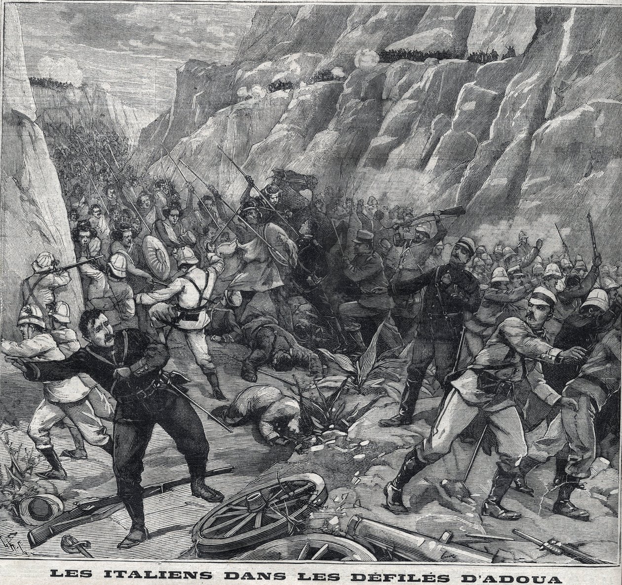 Italianen vechten bij Adoua in Ethiopië. Gravure in 