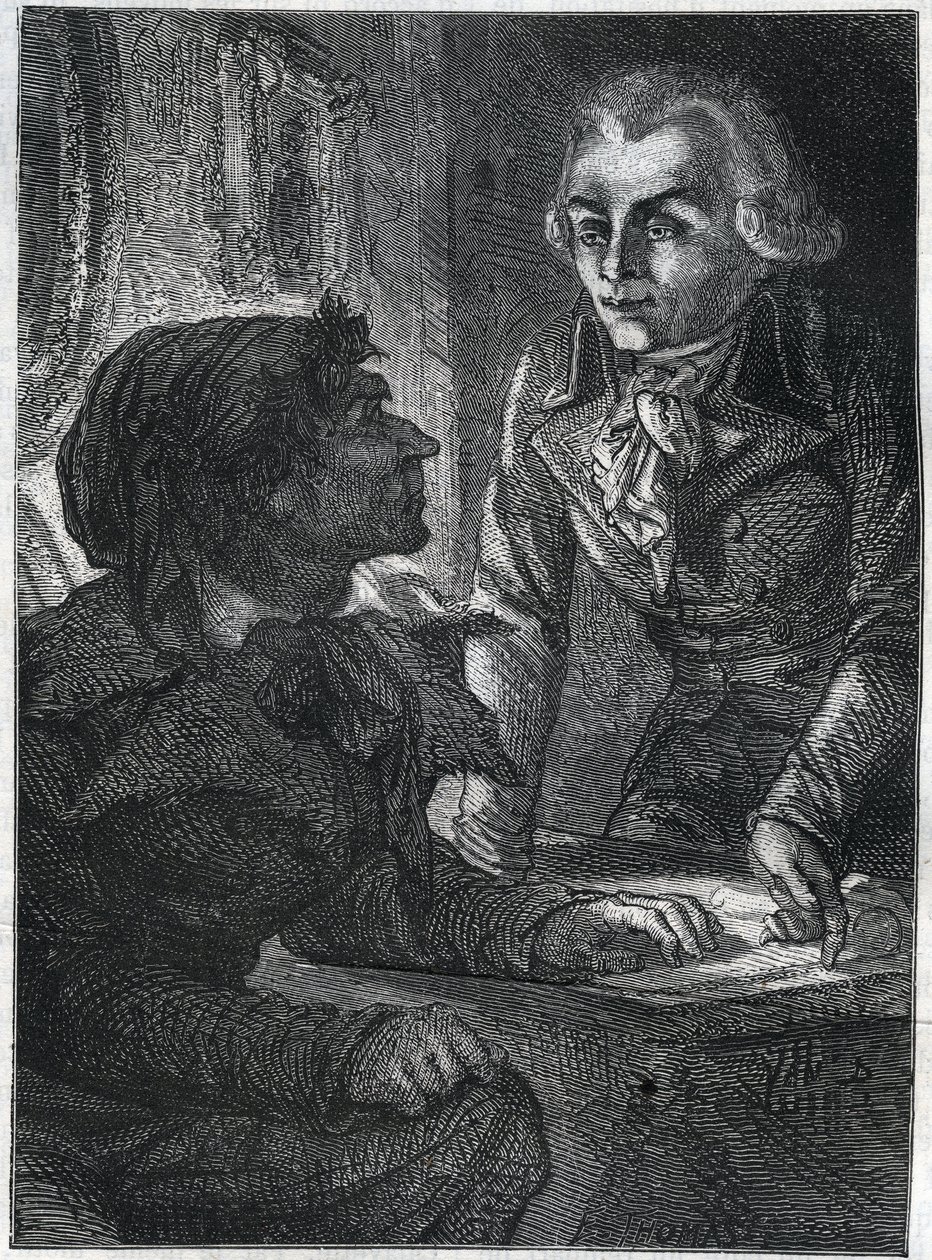 Jean-Paul (Jean Paul) Marat (1743-1793) met Maximilien de Robespierre (1758-1794). Gravure uit 1866 in “Histoire de la Révolution française” door Adolphe Thiers. Privécollectie. door Anonymous Anonymous