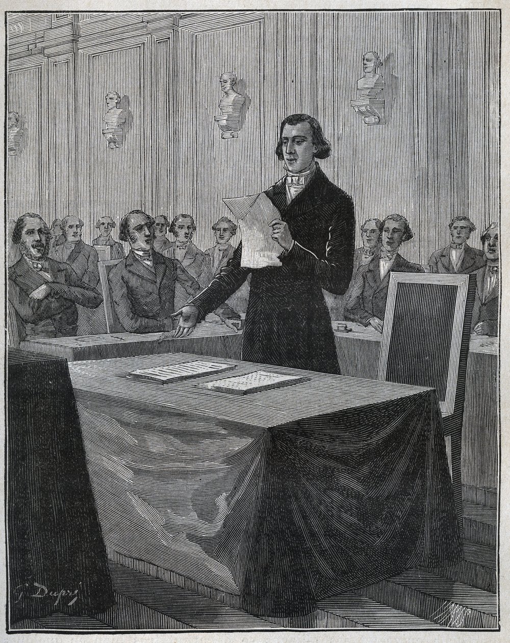 Jean Baptiste Andre Dumas (1800-1884) Franse chemicus presenteerde aan de Academie van Wetenschappen zijn rapport over de uitvinding van Ruolz en Elkington. Gravure uit 1885 in 