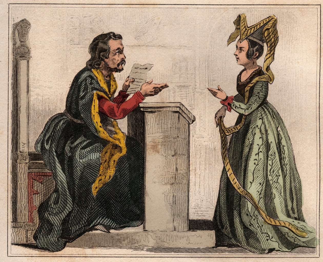 Jehan Pastoret (1328-1405), voorzitter van het parlement van Parijs onder het bewind van Karel V met een adellijke vrouw, gekleed in een liripion. Gravure uit 1859 in 