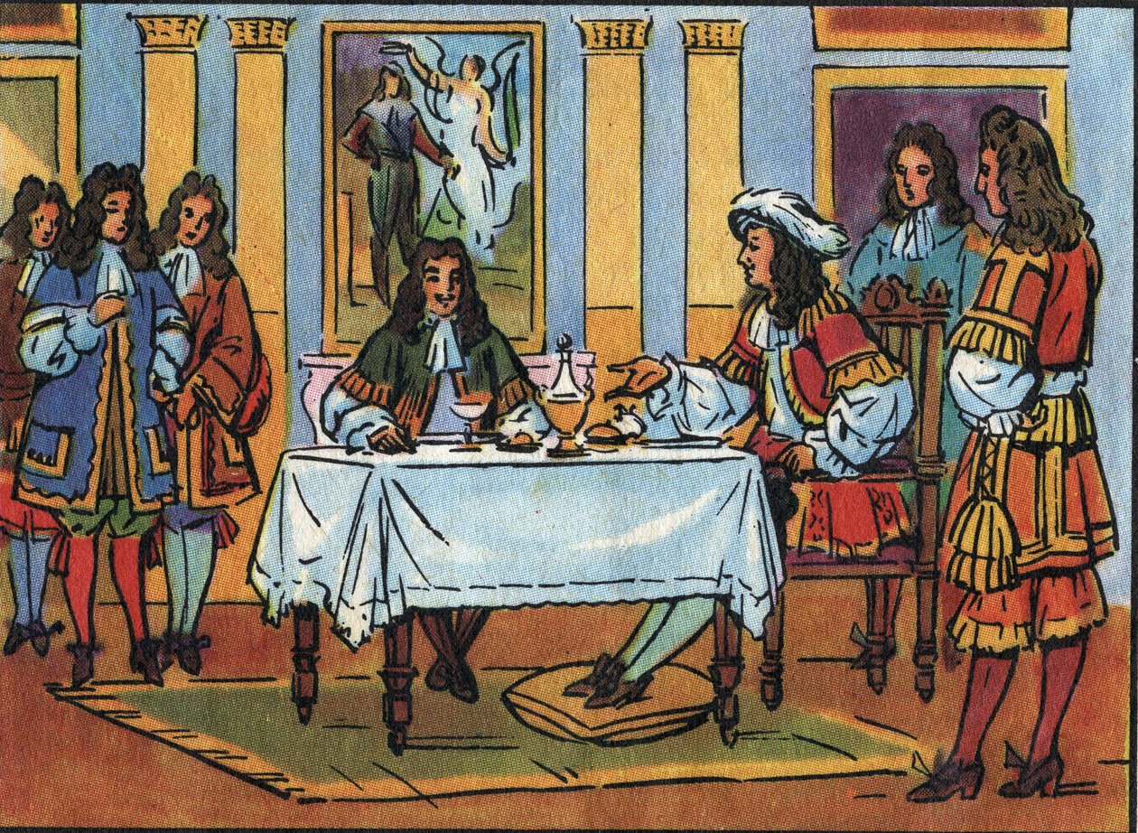 Koning Lodewijk XIV (1638-1715) ontving komiek en toneelschrijver Jean Baptiste Poquelin, genaamd Molière (1622-1673) tijdens een ontbijt in aanwezigheid van het hof in het kasteel van Versailles. Anonieme illustratie in 