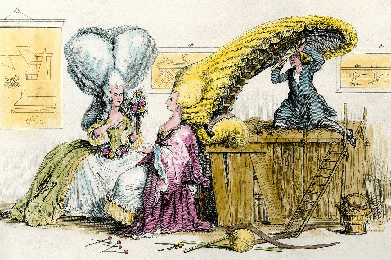 Grote excentrieke kapsels: jonge vrouwen van de adel gestyled door een pruik. Gravure uit 1788. Privécollectie door Anonymous Anonymous