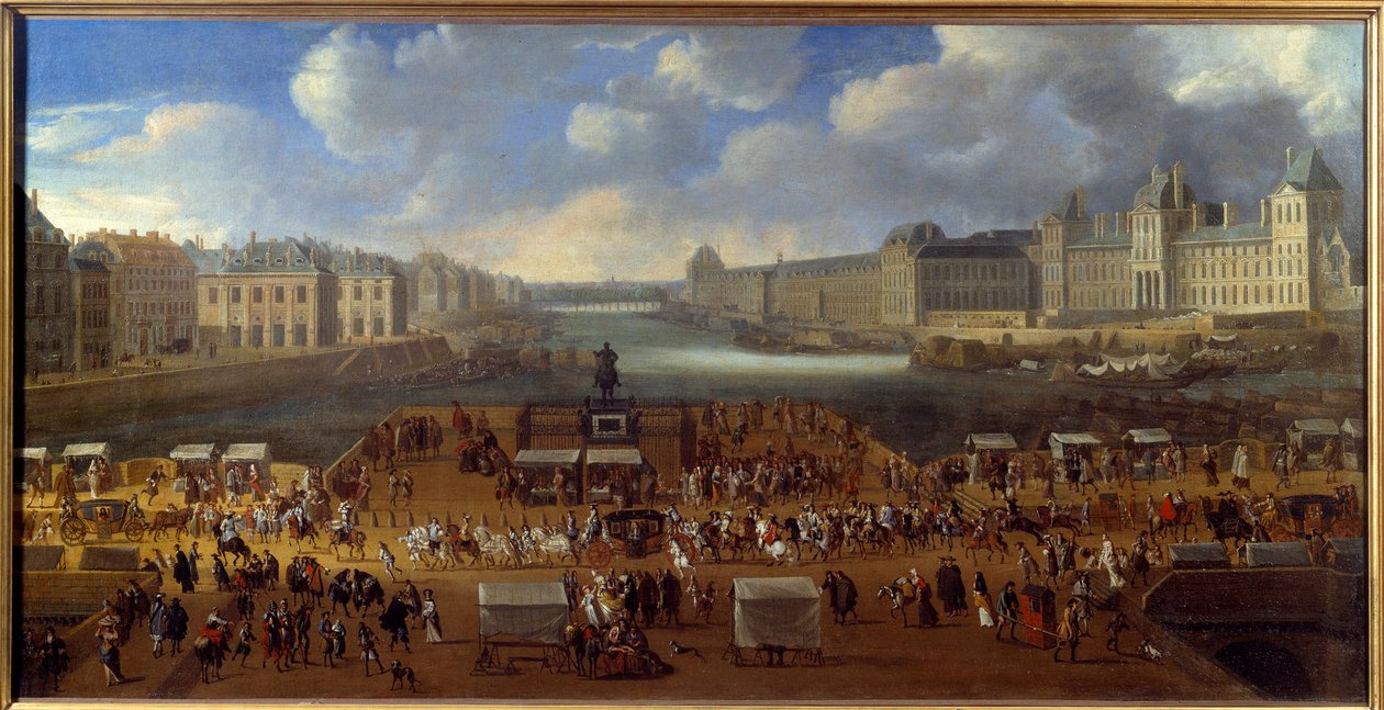 Le Pont Neuf gezien vanaf de ingang van Place Dauphine, passage van een stoet op de brug in 1669 (anoniem schilderij) door Anonymous Anonymous