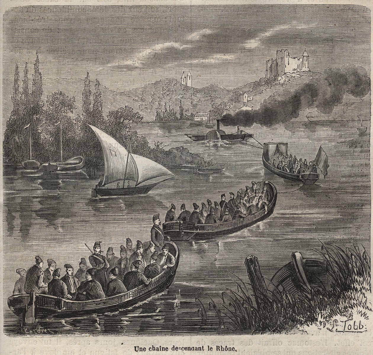 De gevangenis van Toulon - een keten die de Rhône afdaalt (gravure in 