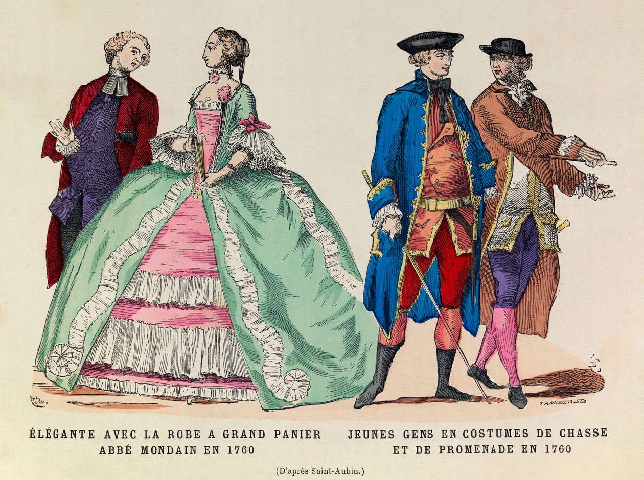 Links: Elegante met een grote mandjurk, mondaine abt in 1760 / Rechts: Jonge mannen in jacht- en wandelsuit in 1760 (regeerperiode van koning Lodewijk XV) - privécollectie door Anonymous Anonymous