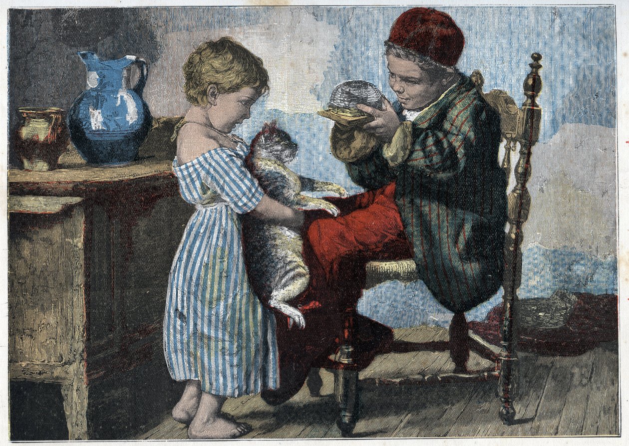 Les trennes de Minou. Gravure uit het einde van de 19e eeuw. Privécollectie. door Anonymous Anonymous