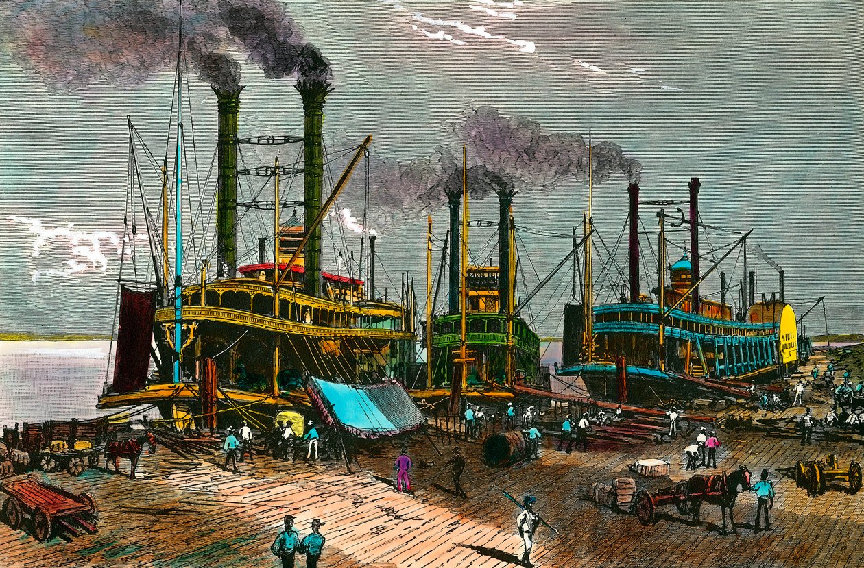Laden van katoen op stoomschepen op de Mississippi voor New Orleans. Gravure uit de 19e eeuw. Privécollectie door Anonymous Anonymous