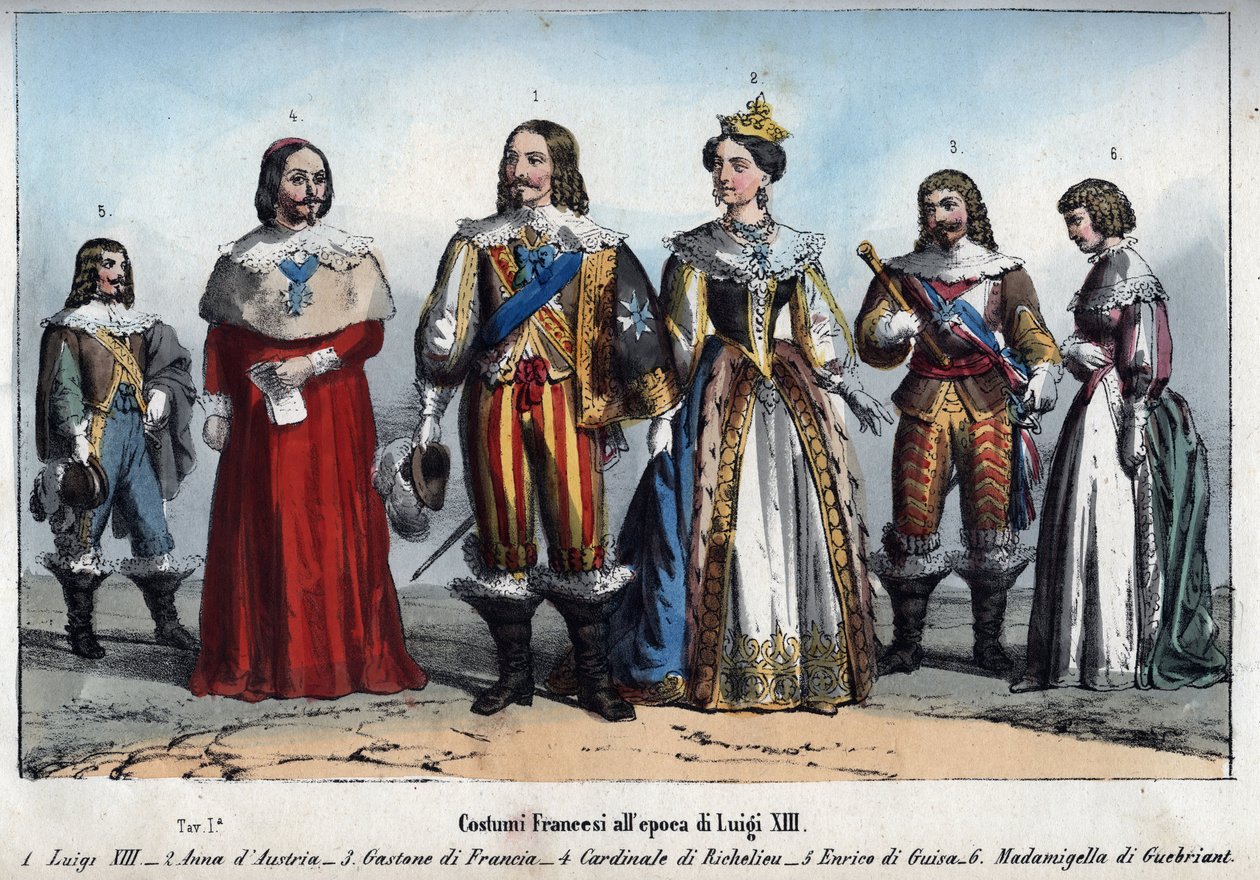 Lodewijk XIII - Anna van Oostenrijk (1601-1666) - Gaston van Frankrijk - Armand Jean du Plessis, Kardinaal de Richelieu - Henri II de Guise - Anne-Marie Budes de Guebriant - gravure uit 
