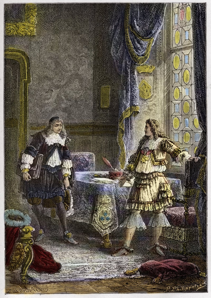 Lodewijk XIV ontslaat Nicolas Fouquet - Lodewijk XIV ontslaat de Superintendent van Financiën, Nicolas Fouquet - gravure uit 