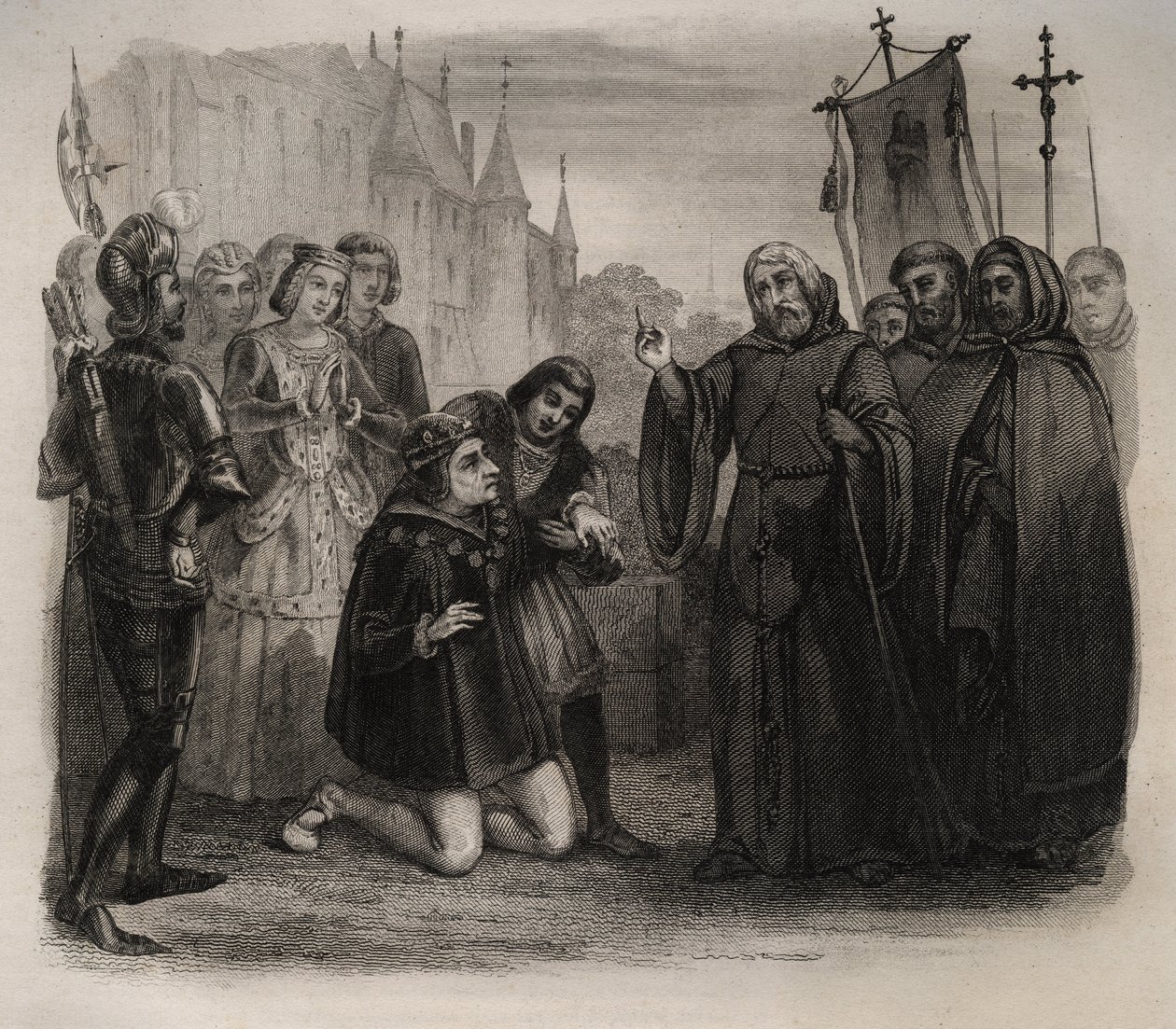 Lodewijk XI (1423-1483) vraagt om zijn genezing aan Francois de Paule (1416-1507) Gravure uit 1846 in “Lives of the saints”. Privécollectie. door Anonymous Anonymous
