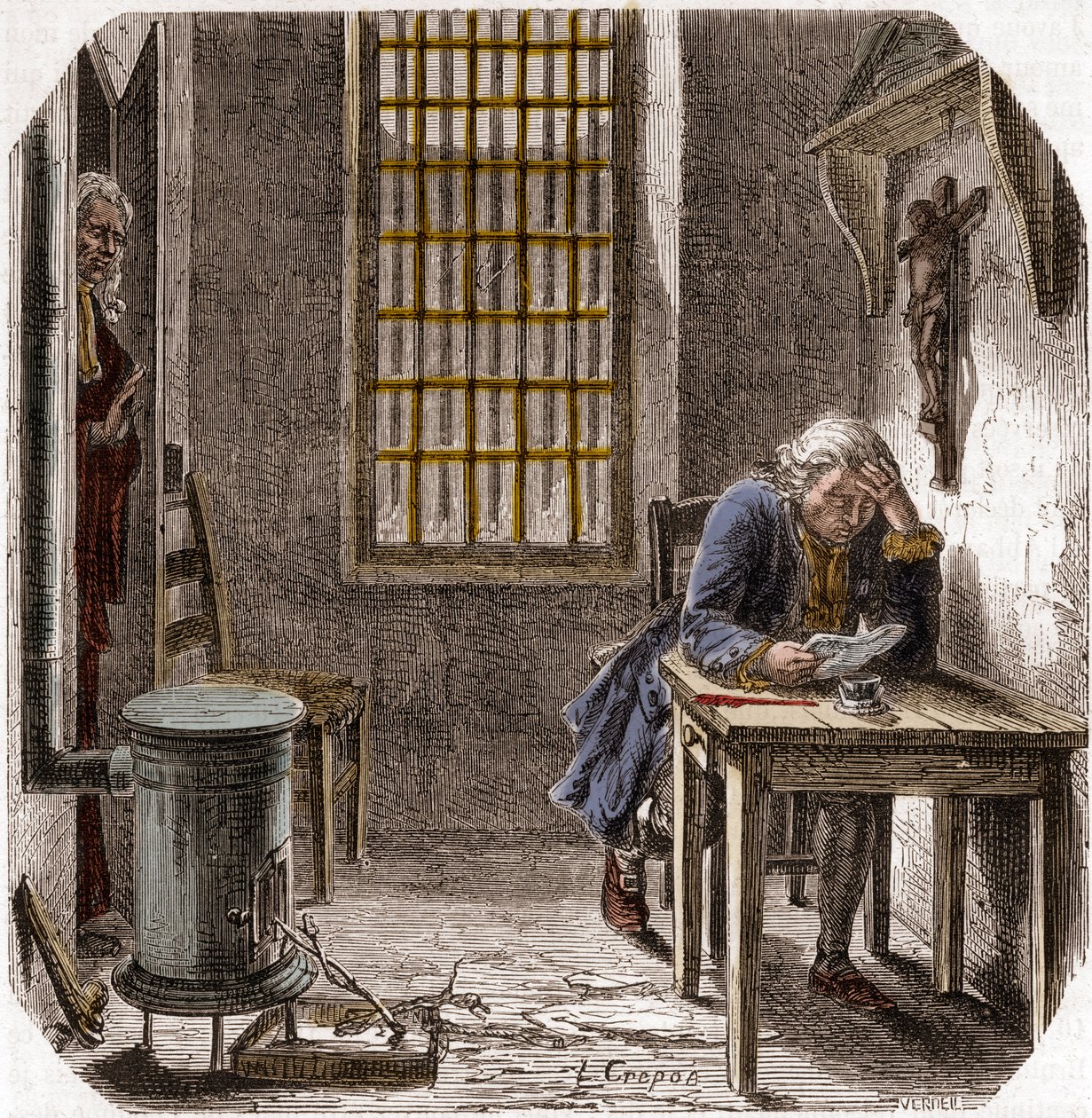 Lodewijk XVI (1754-93) leest zijn laatste wil en testament in de Tempel 1792 - Lodewijk XVI leest zijn testament in de toren van de Tempel op 25 december 1792 - Gravure in 