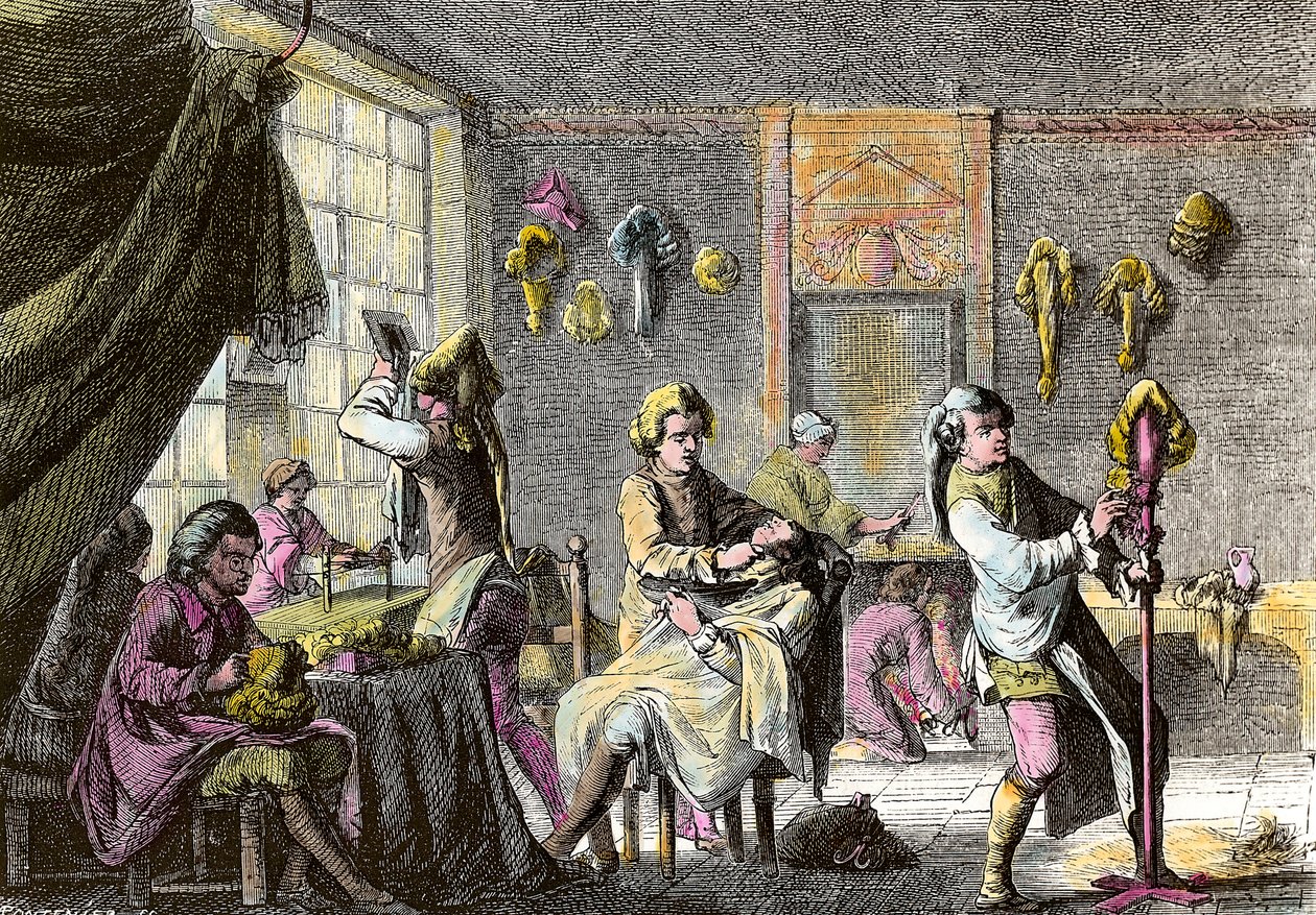 Mode van Lodewijk XV: interieur van een pruikenmaker. Gravure rond 1755. Privécollectie door Anonymous Anonymous