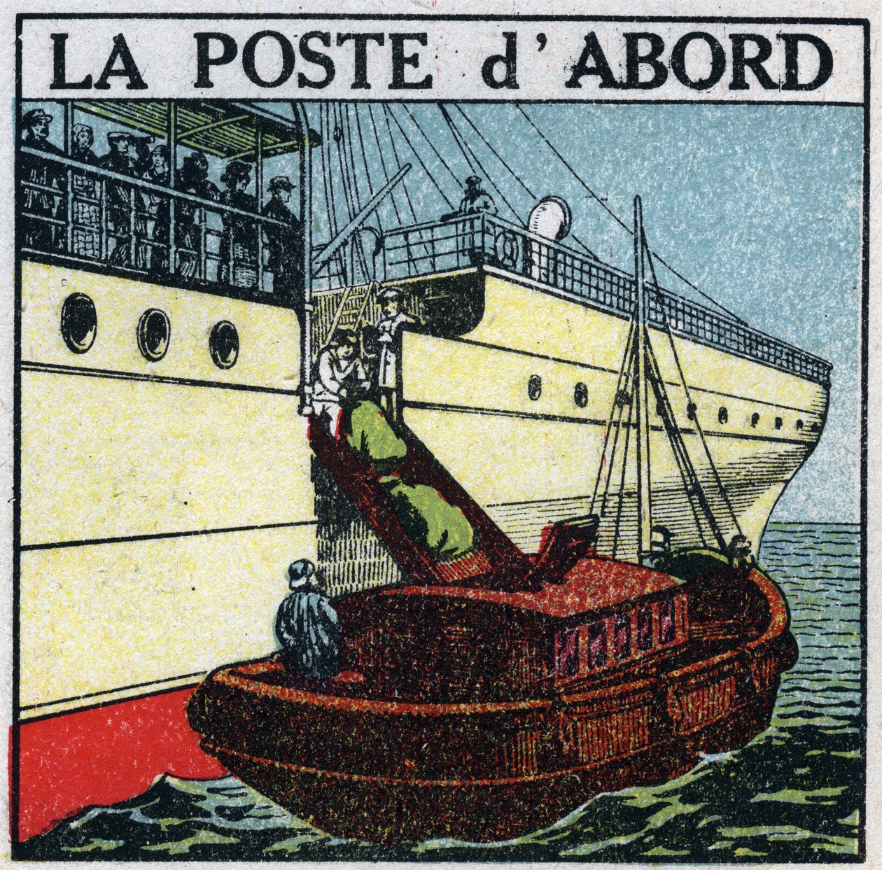 Post: schip dat post aan boord van een lijnschip bezorgt. Anonieme illustratie uit 1925. Privécollectie. door Anonymous Anonymous