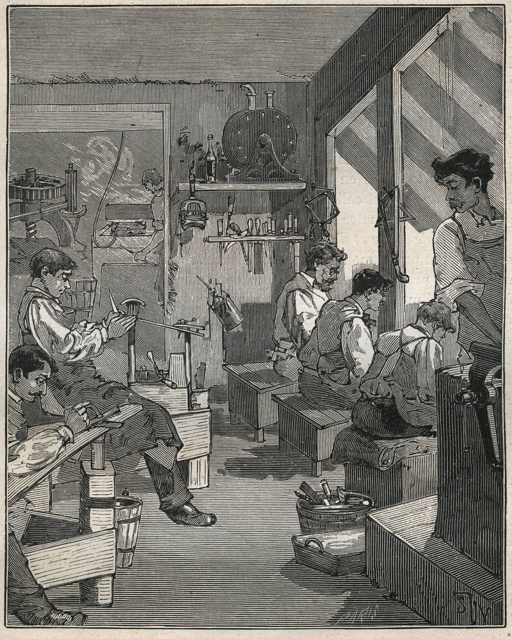 Fabricage van kammen in een werkplaats in Frankrijk in de 19e eeuw. Gravure uit 1885 in 