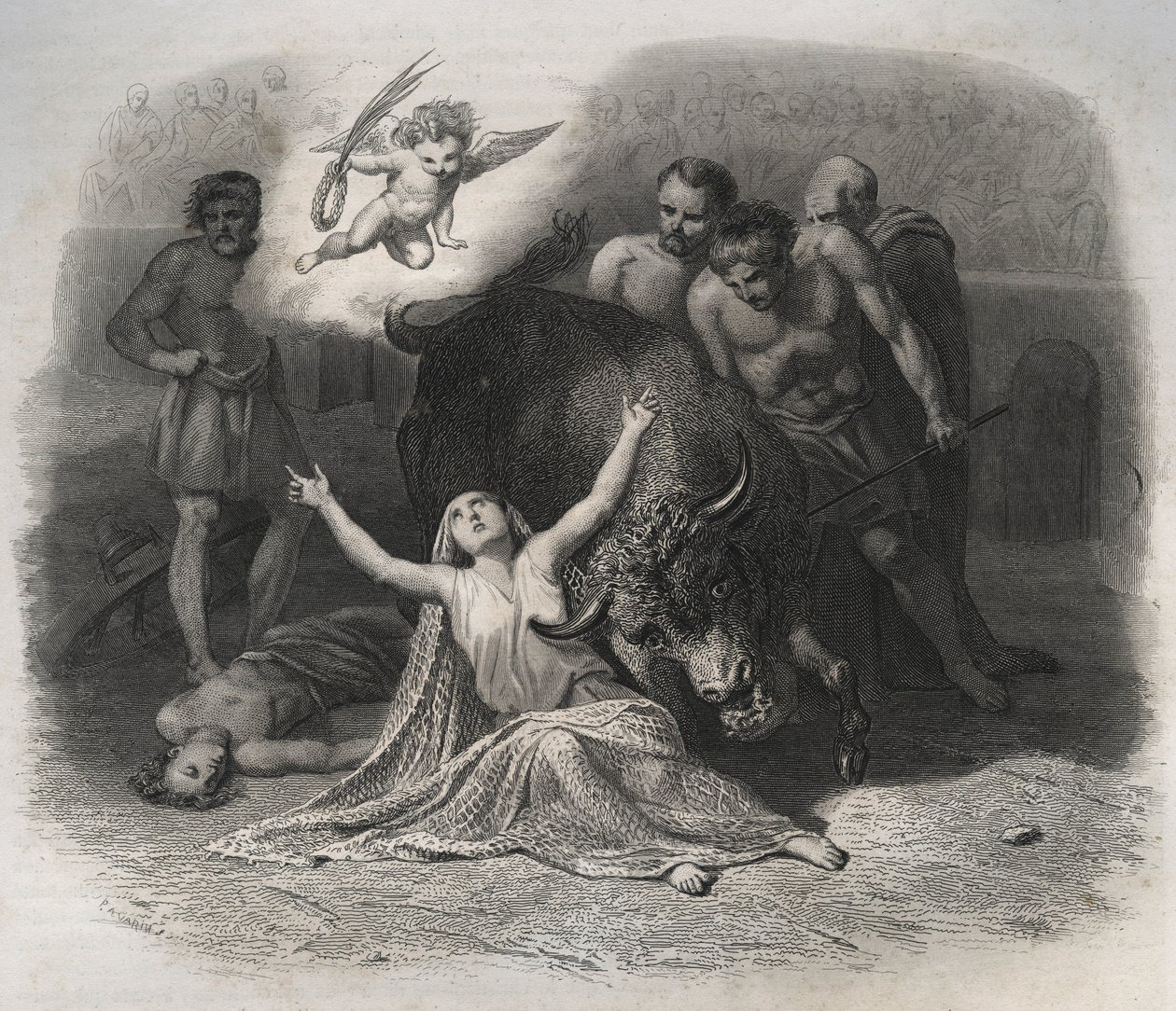 Martelaarschap van Sint Blandina van Lyon en Ponticus in de arena in 177 tijdens de vervolgingen van de eerste christenen. Gravure uit 1846 in 