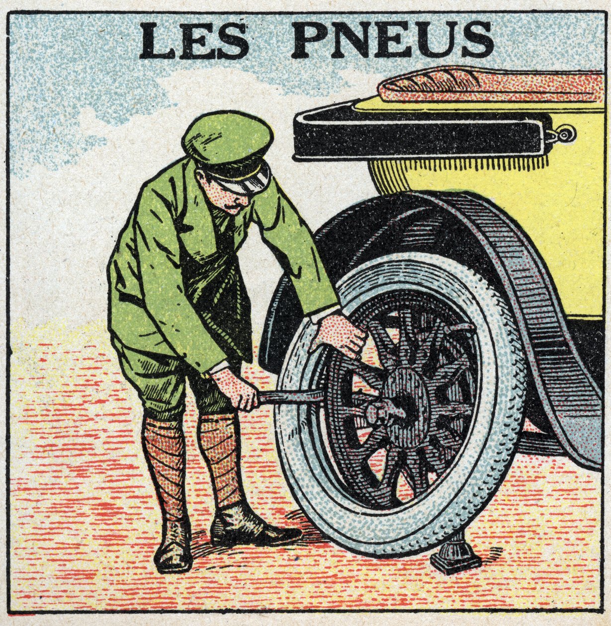 Mechanische tractie: de banden van een auto. Anonieme illustratie uit 1925. Privécollectie. door Anonymous Anonymous