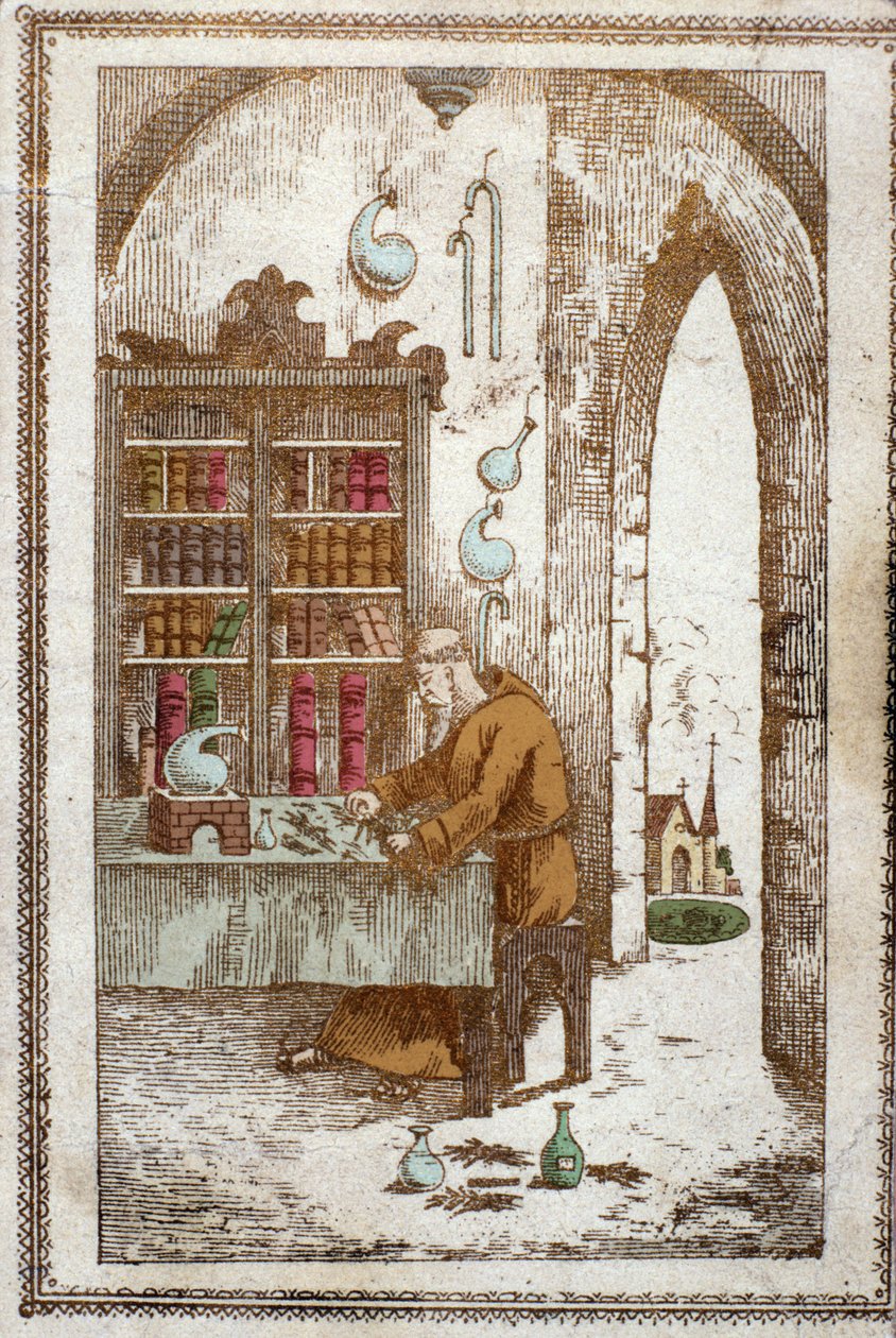 Monnik die planten voorbereidt voor distillatie. Gravure uit de 19e eeuw door Anonymous Anonymous