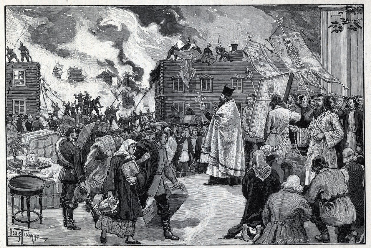 Moskou, brand in de buitenwijk Kaluga: de orthodoxe geestelijkheid presenteert de Heilige Beelden in een poging de stad te beschermen en brandweerlieden bestrijden de brand. Gravure in 