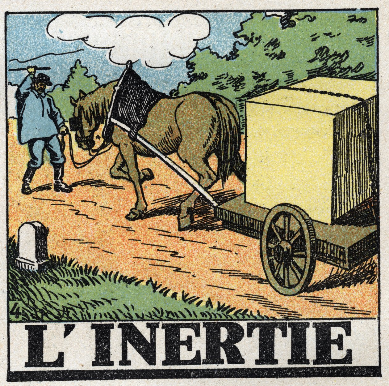 Bewegingen: traagheid. Een voerman geeft zweepslagen om zijn paard vooruit te laten gaan. Anonieme illustratie uit 1925. Privécollectie. door Anonymous Anonymous