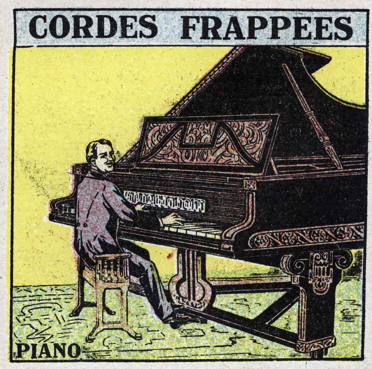 Muziekinstrumenten: geslagen snaarinstrumenten. Een pianospeler. Anonieme illustratie uit 1925. Privécollectie door Anonymous Anonymous