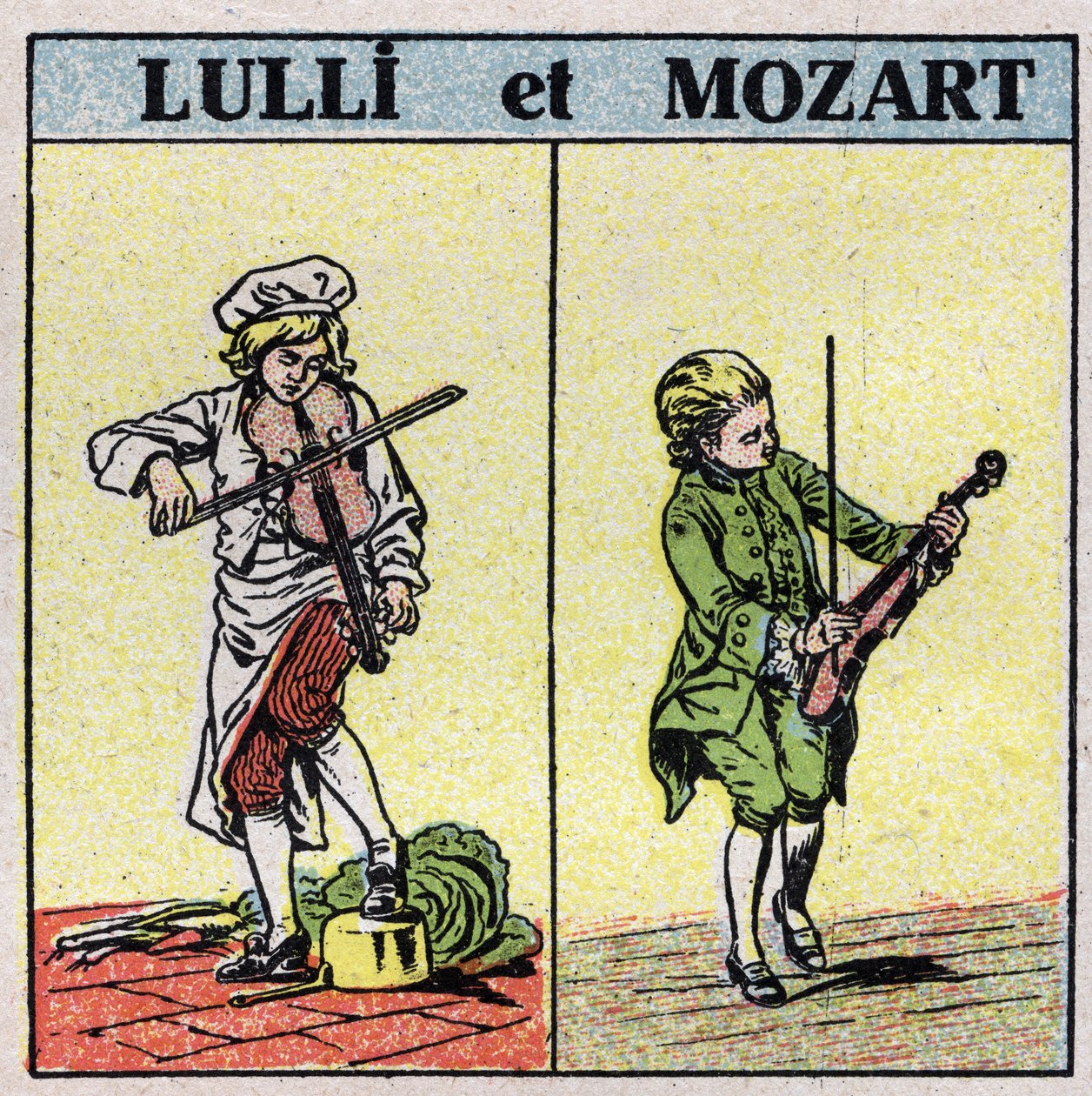 Muziekinstrumenten: gewreven snaarinstrumenten. Jean Baptiste Lully (Giovanni Battista Lulli) (1632-1687) en Wolfgang Amadeus Mozart (1756-1791) spelen viool. Anonieme illustratie uit 1925. Privécollectie. door Anonymous Anonymous