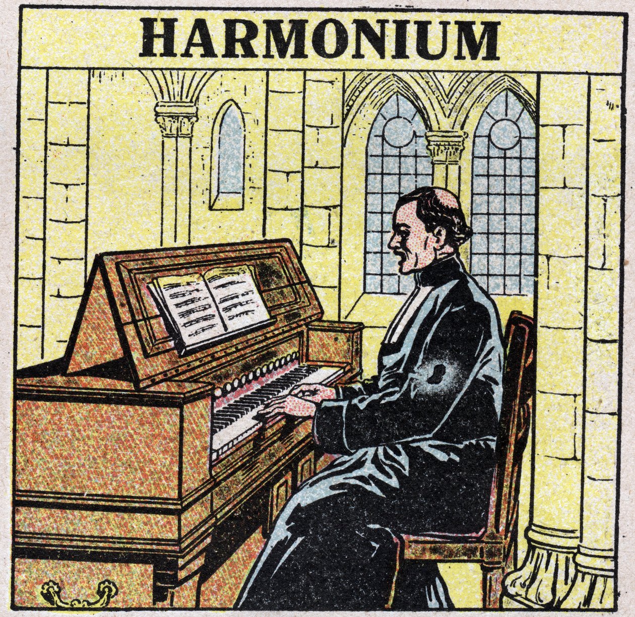 Muziekinstrumenten: blaasinstrumenten bij de heup. Harmoniumspeler in een kerk. door Anonymous Anonymous