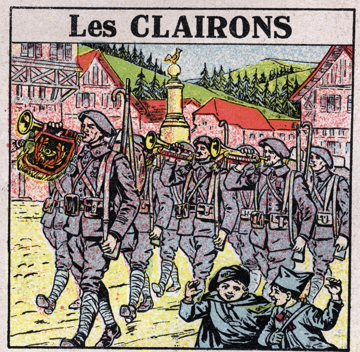 Muziekinstrumenten: blaasinstrumenten met een potmond. Bugelspelers tijdens een militaire run. Anonieme illustratie uit 1925. Privécollectie door Anonymous Anonymous