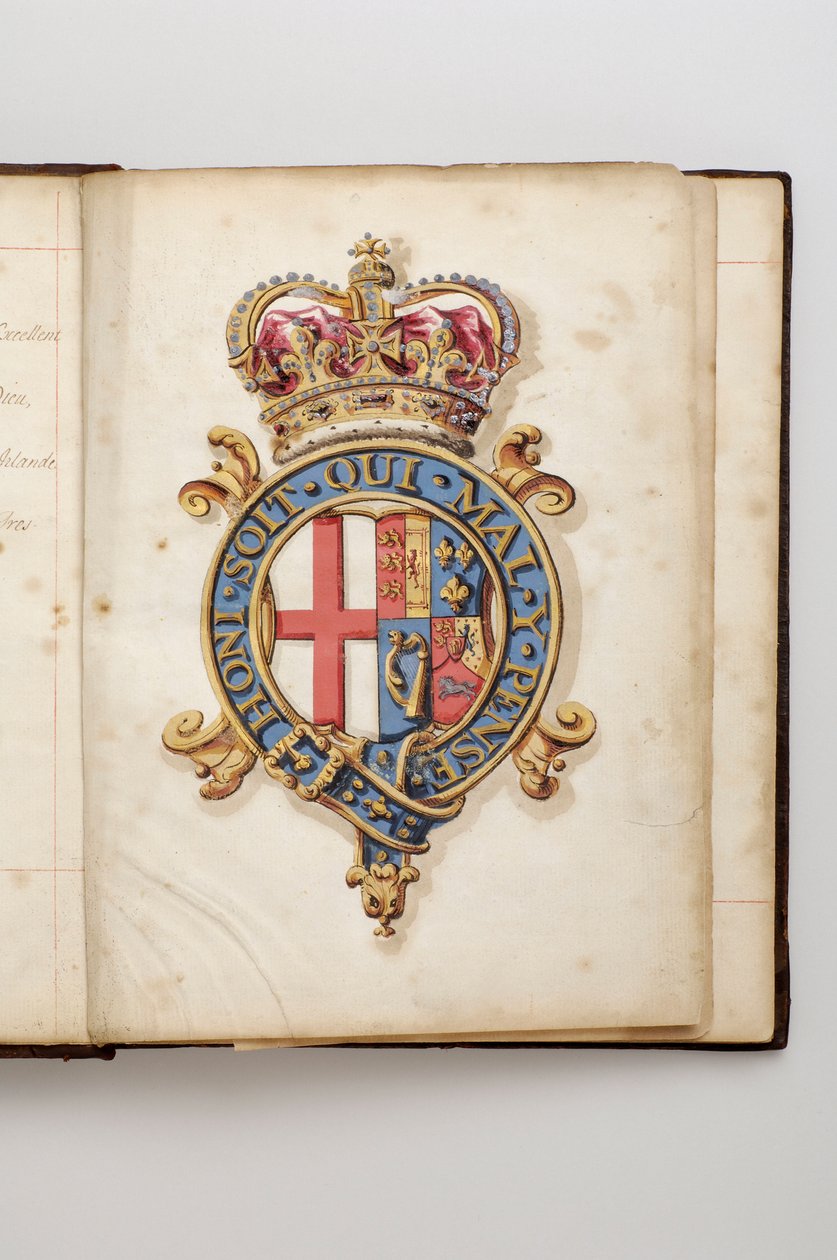 Orde van de Kousenband: Boek van Statuten dat toebehoorde aan Charles Fitzroy, Hertog van Grafton - Koninklijke wapens van de Hanovrianen van 1714 tot 1801 (Aquarel manuscript, begin 18e eeuw) door Anonymous Anonymous