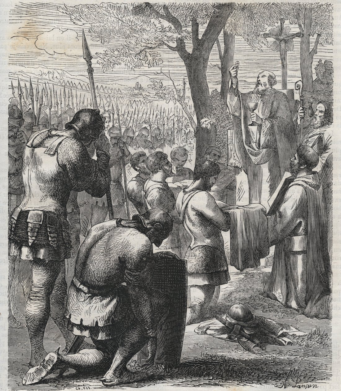 Otto I, Heilige Roomse Keizer ontvangt communie voor de Slag bij Lechfeld (955) - De Duitse Keizer Otto I (Othon) (912-973) ontving communie voor de Slag bij Lechfeld in 955 - gravure uit 1864 door Anonymous Anonymous