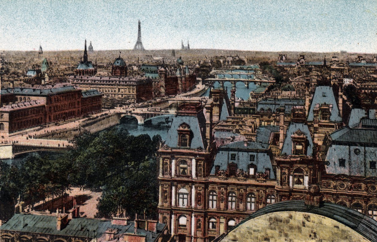Parijs: panorama van de Huits Bruggen op de Seine met de Eiffeltoren op de achtergrond. Foto uit 1920 in 