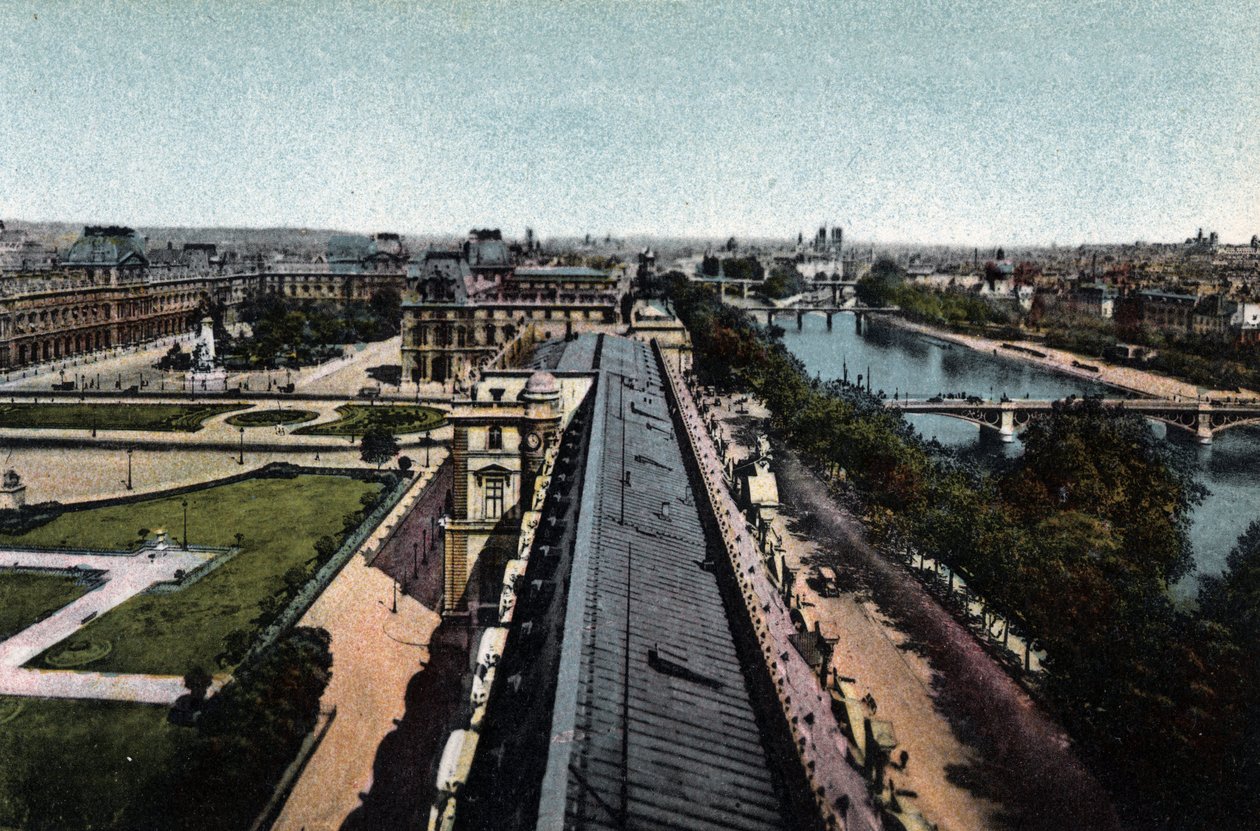 Parijs: panorama richting het Louvre. De Seine en de Notre-Dame, rechts. door Anonymous Anonymous