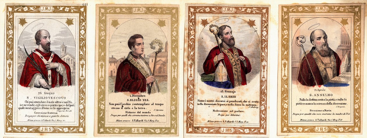 Vrome afbeelding: De Bisschop van Sint Vigil van Trento (Vigilio di Trento), de Bisschop van Sint Eloi van Noyon (Sant