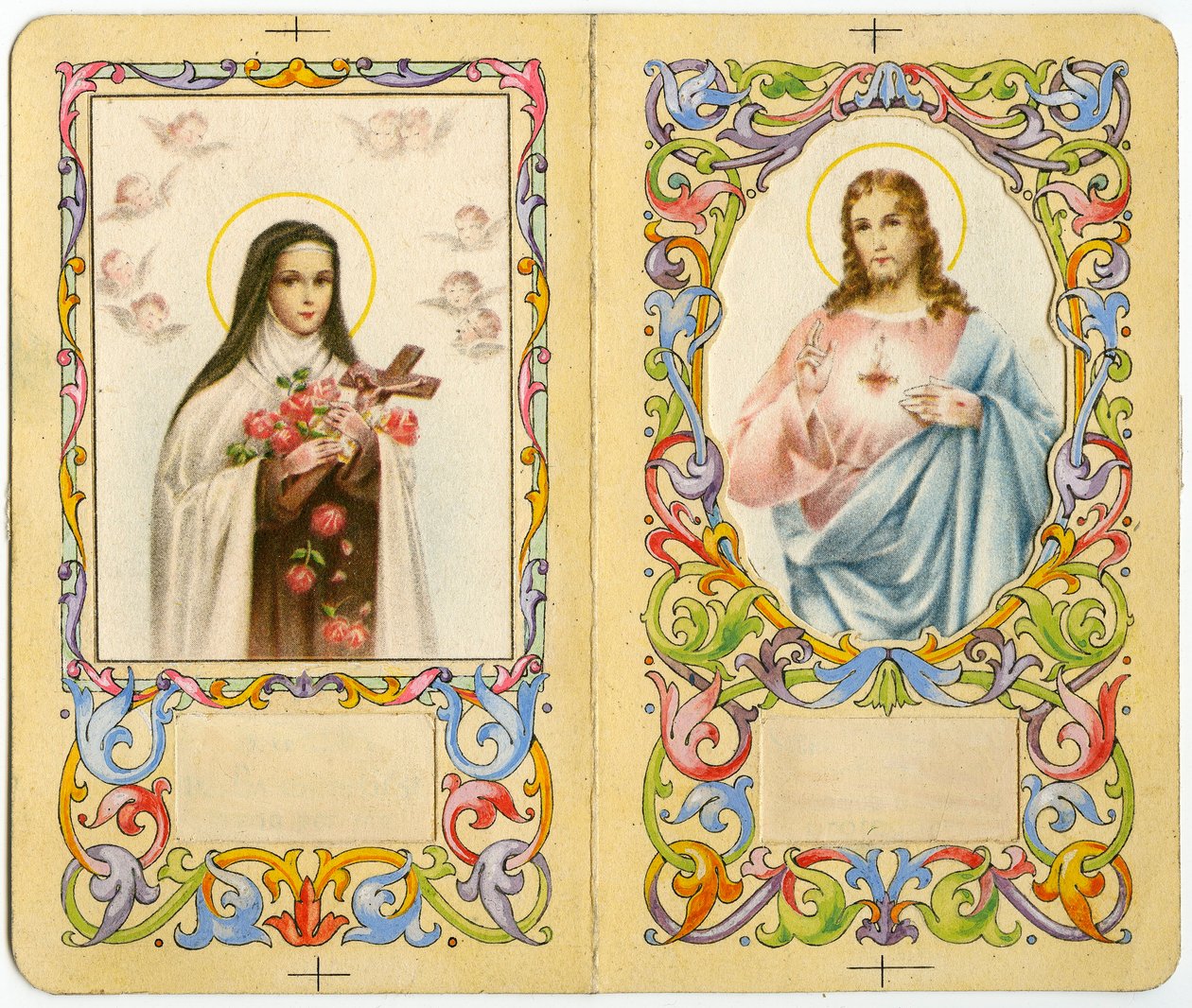 Vrome afbeelding: St. Theresia van het Kind Jezus en Jezus met heilig hart (prent) door Anonymous Anonymous